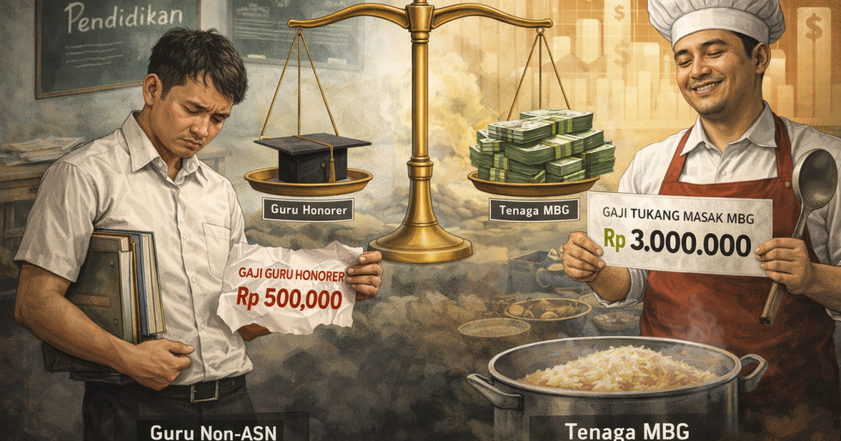 Gambar Ilustrasi : Perbandingan gaji guru dan tenaga MBG viral. Fakta di lapangan menunjukkan ketimpangan kesejahteraan guru honorer masih menjadi persoalan serius.