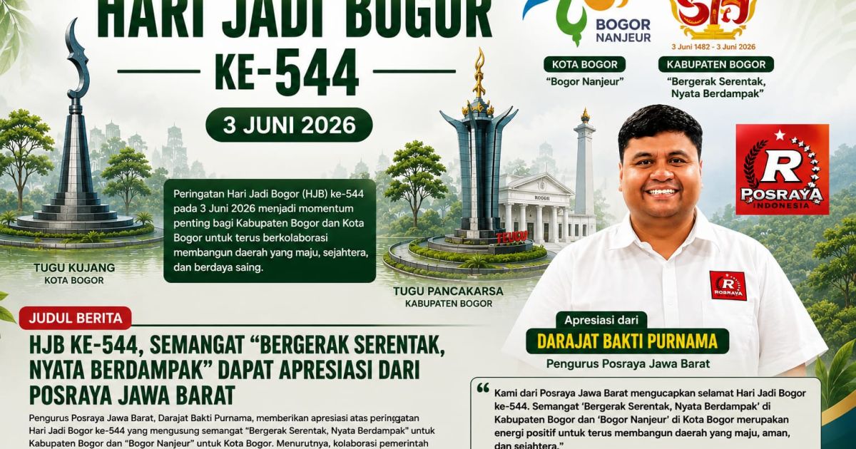 Pengurus Posraya Jawa Barat Darajat Bakti Purnama mengapresiasi semangat Hari Jadi Bogor ke-544. Ia menilai HJB menjadi momentum memperkuat kolaborasi pemerintah dan masyarakat demi kemajuan Kabupaten dan Kota Bogor.