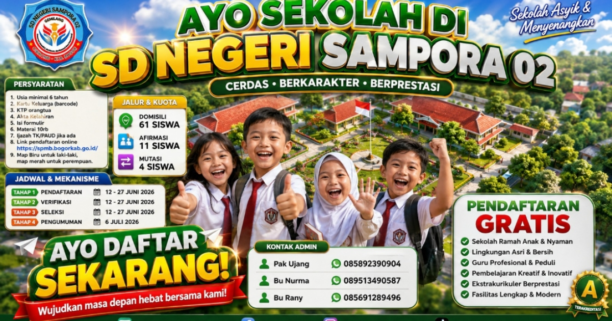 SDN Sampora 02 Buka Pendaftaran SPMB 2026/2027, Siapkan Kuota 76 Calon Murid Baru