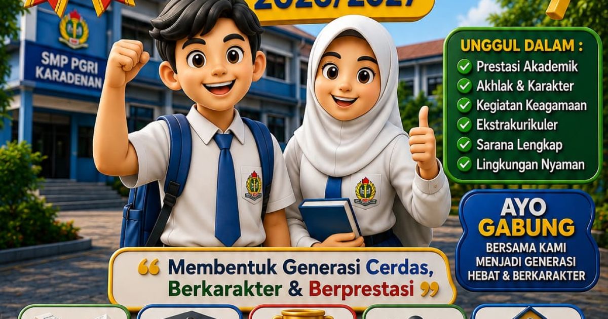 SMP PGRI Karadenan Cibinong membuka SPMB Tahun Ajaran 2026/2027. Sekolah unggulan yang fokus pada prestasi akademik, pendidikan karakter, keagamaan, dan pengembangan bakat siswa.