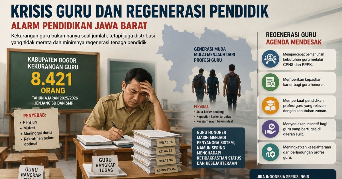 Kabupaten Bogor kekurangan 8.421 guru pada tahun ajaran 2025/2026. Krisis guru dan minimnya regenerasi tenaga pendidik menjadi tantangan serius bagi pendidikan Jawa Barat menuju Indonesia Emas 2045.