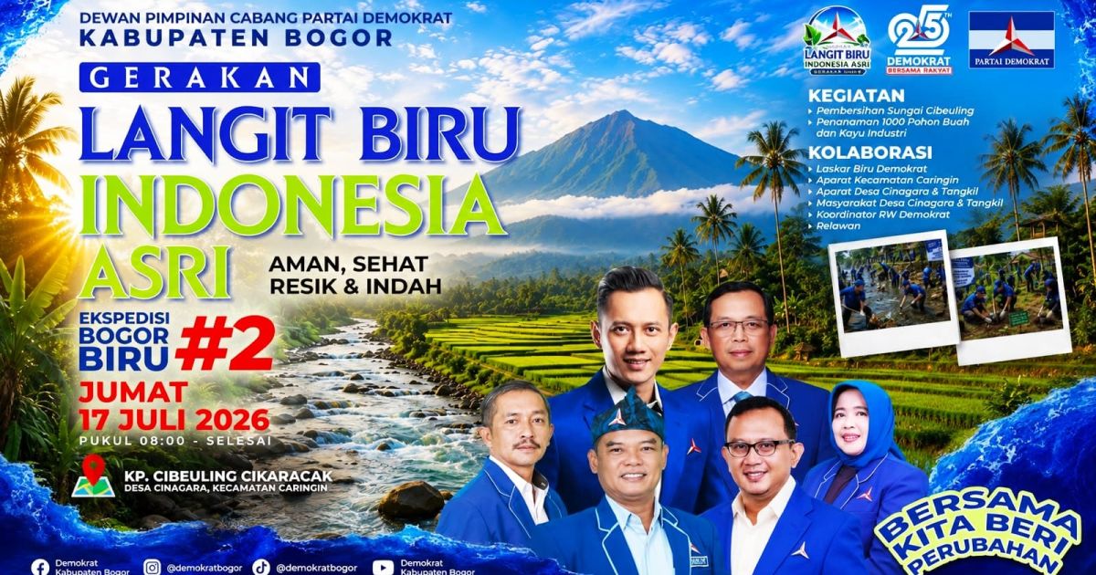 DPC Partai Demokrat Kabupaten Bogor menggelar Ekspedisi Bogor Biru 2 di Caringin dengan aksi pembersihan Sungai Cibeuling dan penanaman 1.000 pohon dalam rangka HUT ke-25 Partai Demokrat.