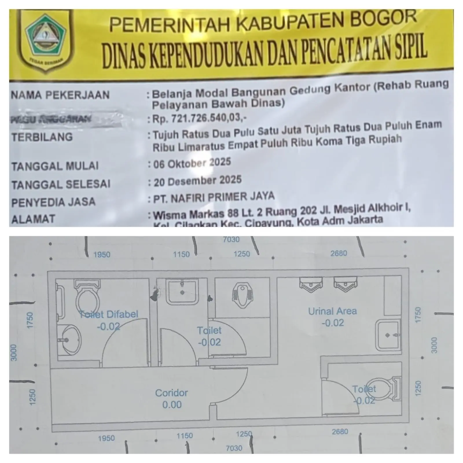 Proyek Toilet Dinas Bernilai Rp721 Juta Jadi Sorotan, Publik Pertanyakan RAB dan Transparansi Anggaran