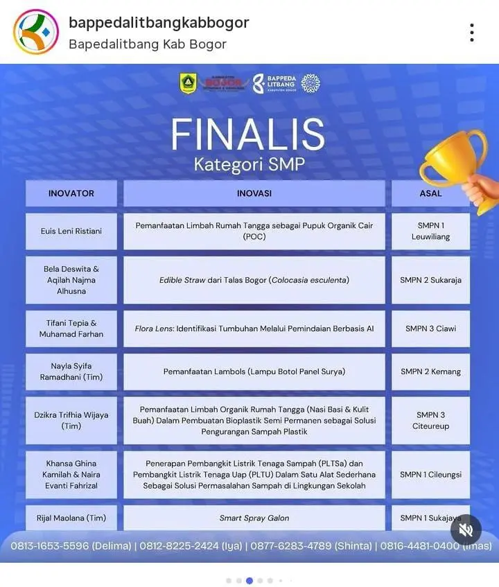 Siswi SMPN 2 Sukaraja Lolos Final Gelar Inovasi Daerah 2025 Lewat Karya Sedotan Edible dari Talas Bogor