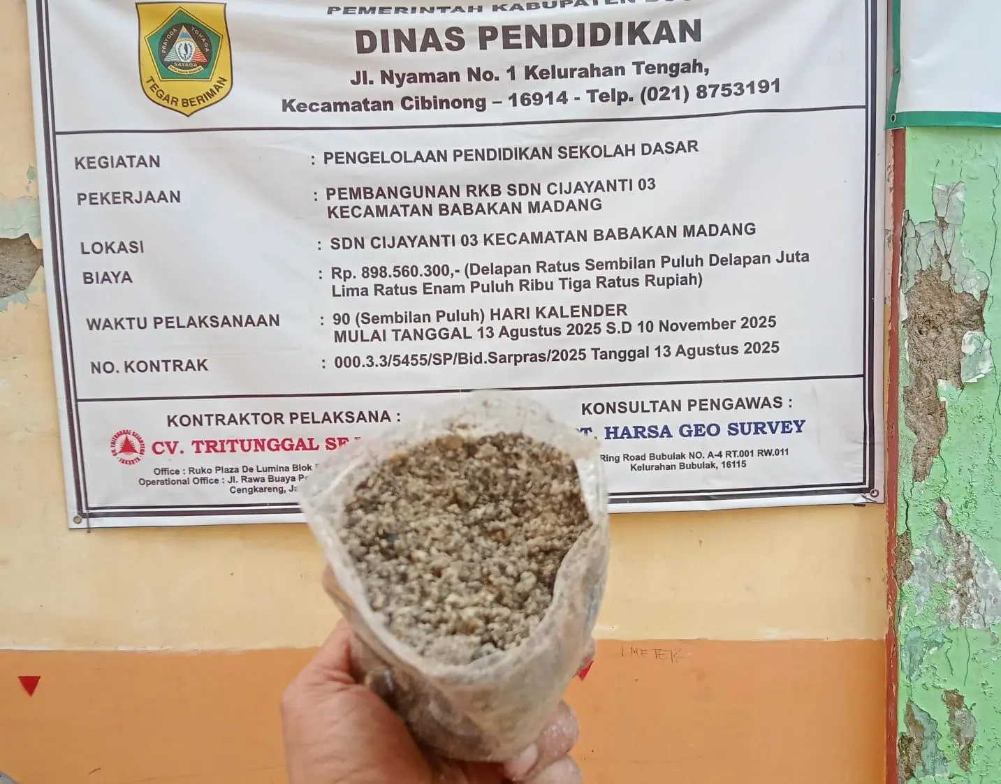 Ngeri! Proyek Rp898 Juta di SDN Cijayanti 03 Diduga Gunakan Pasir Campur Tanah