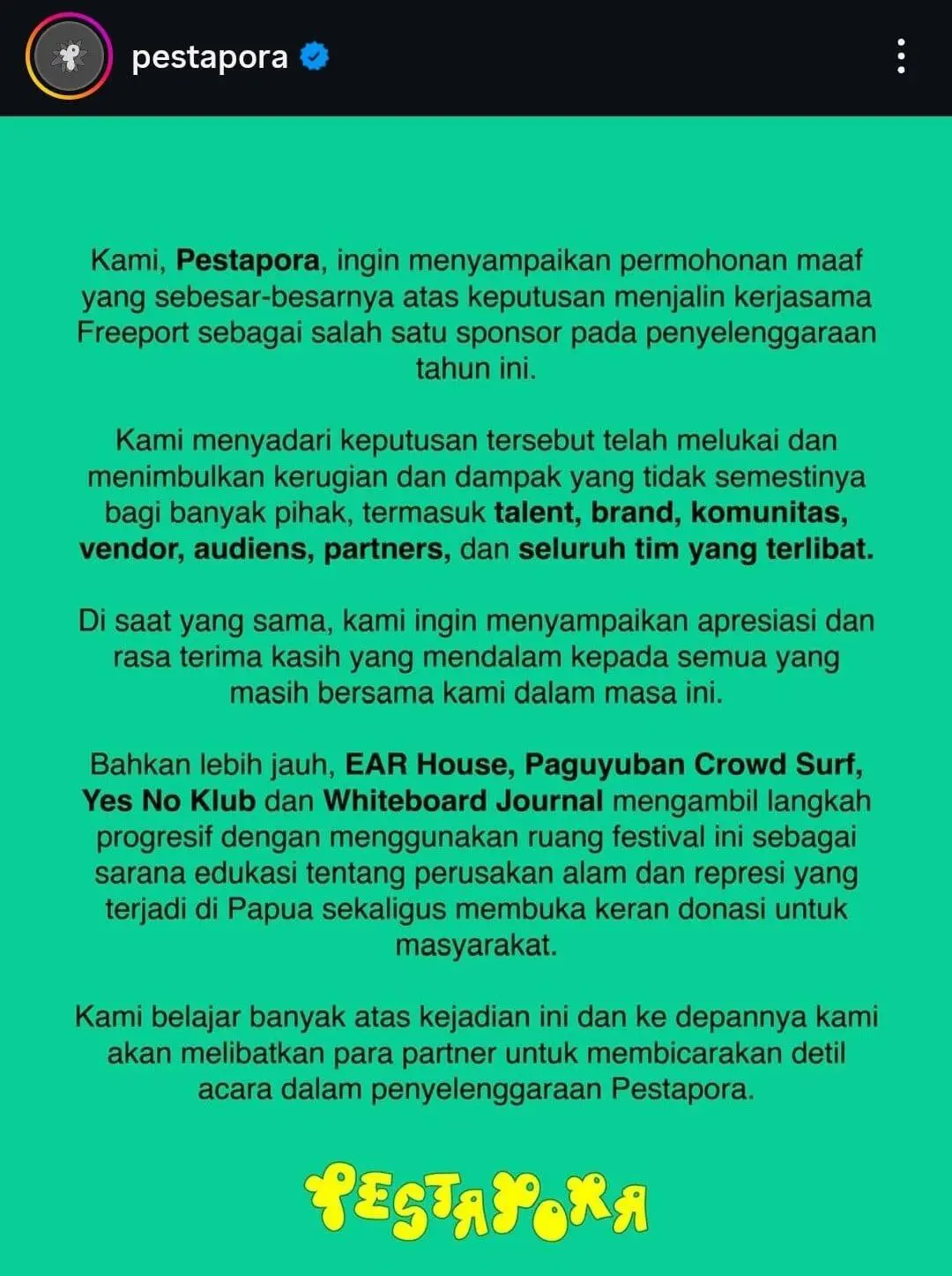 Kontroversi Sponsorship, Pestapora Minta Maaf dan Akhiri Kerja Sama dengan Freeport