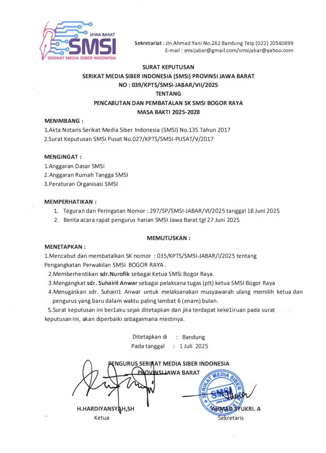 SMSI Jabar Cabut Mandat Nurofik, Tunjuk Suhairil Anwar sebagai Plt Ketua SMSI Bogor Raya